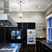 View of contemporary kitchen with dark cabinets and ceiling, countertop, interior design, kitchen, room, gray
