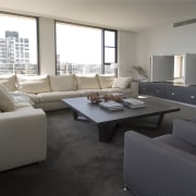 Interior view of living room - Interior view floor, furniture, home, interior design, living room, property, real estate, room, table, window, gray, black