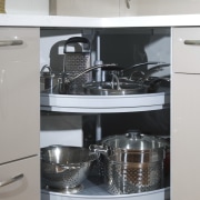 View of kitchen which features cabinetry from Hafele. countertop, furniture, home appliance, kitchen, kitchen appliance, kitchen stove, major appliance, product design, small appliance, gray