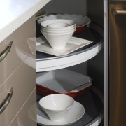 View of kitchen which features cabinetry from Hafele. ceramic, drawer, furniture, product, product design, shelf, shelving, sink, table, gray