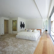 View of master bedroom features timber floors, large architecture, bedroom, ceiling, estate, floor, flooring, house, interior design, property, real estate, room, suite, wood flooring, gray, white