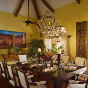 View of dining room with chandelier, classic furniture chandelier, dining room, home, interior design, living room, room, table, brown