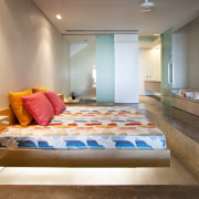 View of bedroom which features clay-based plastered walls architecture, bedroom, ceiling, floor, interior design, room, suite, brown