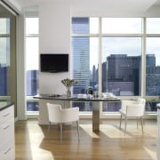 View of contemporary apartment kitchen which features timber floor, furniture, interior design, kitchen, window, white