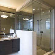 View of contemporary bedroom and bathroom with subdued bathroom, ceiling, glass, interior design, room, brown, white