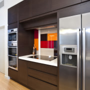 View of a contemporary kitchen manufactured and installed cabinetry, countertop, cuisine classique, home appliance, interior design, kitchen, major appliance, refrigerator