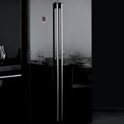 View of a contemporary kitchen which features dark angle, home appliance, kitchen appliance, major appliance, product design, refrigerator, black