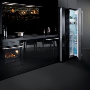 View of a contemporary kitchen which features dark furniture, interior design, product design, black