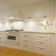 Interior view of this traditional kitchen - Interior cabinetry, countertop, cuisine classique, floor, furniture, interior design, kitchen, room, gray, orange