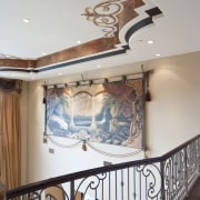 Handrail and ceiling details. Hanging tapestry - Handrail ceiling, design, glass, handrail, home, interior design, iron, stairs, wall, gray