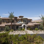 Exterior view of luxury home - Exterior view arecales, cottage, estate, hacienda, home, house, land lot, landscape, mansion, palm tree, plant community, property, real estate, residential area, resort, sky, tree, villa, teal, brown