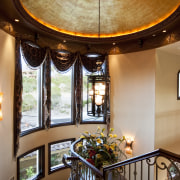Stairwell ceiling feature of circular moulding and chandelier ceiling, dining room, estate, home, interior design, real estate, room, window, brown, orange
