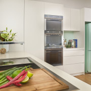 View of contemporary light toned kitchen with wooden home appliance, interior design, kitchen, kitchen appliance, major appliance, refrigerator, white