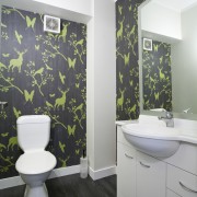 View of the offices powder room - View architecture, bathroom, ceiling, floor, home, interior design, product design, room, tile, wall, gray, white, black