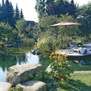 View of the self-cleaning swimming pool - View lake, landscape, leisure, nature reserve, plant, pond, reflection, reservoir, river, tree, water, water feature, water resources, watercourse, waterway, teal