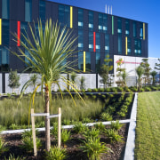 Close-up view of the exterior gardens by ACE architecture, arecales, condominium, grass, home, palm tree, plant, real estate, sky, tree, blue