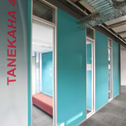 Interior view of this contemporary office - Interior architecture, door, glass, window, teal