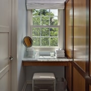 View of bathroom which features a make-up vanity. architecture, home, house, interior design, real estate, room, window, gray