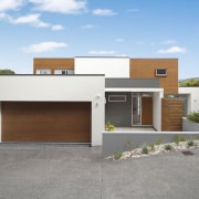 View of the entrance way of this modern architecture, building, elevation, facade, home, house, property, real estate, residential area, gray