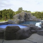 Natural looking pool &amp; spa area - Natural landscape, pond, rock, swimming pool, water, water feature, water resources, watercourse, black, white