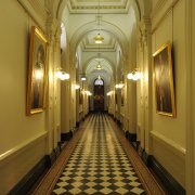 View of the renovated Sydney town hall featuring arcade, arch, architecture, ceiling, hall, interior design, light, lighting, lobby, symmetry, tourist attraction, brown