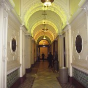 View of the renovated Sydney town hall featuring arcade, arch, building, ceiling, interior design, lobby, brown