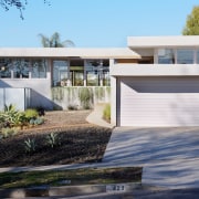 Exterior view of this contemporary home that was architecture, estate, facade, home, house, property, real estate, residential area