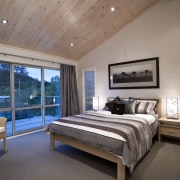 Interior view of this contemporary home bedroom - bed frame, bedroom, ceiling, estate, home, interior design, real estate, room, window, wood, gray