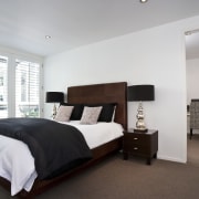 View of this modern home - View of bed frame, bedroom, ceiling, estate, floor, home, interior design, property, real estate, room, gray