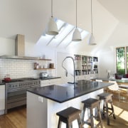 View of renovated kitchen which features timber floors, architecture, ceiling, countertop, cuisine classique, interior design, interior designer, kitchen, loft, gray