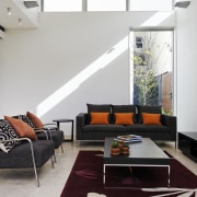 View of lounge with leather sofas, coffee table, architecture, ceiling, couch, floor, flooring, furniture, house, interior design, living room, product design, table, gray