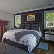 Interior view of this traditional home by Nicholas bed, bed frame, bedroom, ceiling, home, interior design, real estate, room, wall, window, gray, black