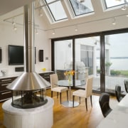 View of the kitchen and casual dining area interior design, living room, loft, window, gray