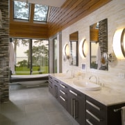 View of contemporary interior with distinctive tile wall bathroom, countertop, estate, home, interior design, real estate, room, window, gray, brown