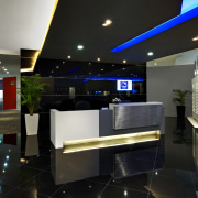 View of the security specialists Nexbis offices, reception ceiling, interior design, lighting, lobby, black