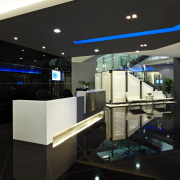 View of the security specialists Nexbis offices, reception architecture, ceiling, glass, interior design, lighting, lobby, product design, black