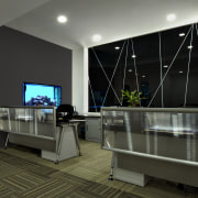 View of the security specialists Nexbis offices, reception ceiling, floor, interior design, living room, room, black, gray