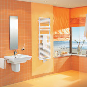 View of bathroomware by Zehnder America - View bathroom, bathroom accessory, bathroom cabinet, floor, flooring, interior design, orange, plumbing fixture, product design, room, tile, wall, orange