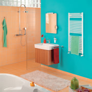 View of bathroomware by Zehnder America - View bathroom, bathroom accessory, bathroom cabinet, floor, flooring, interior design, plumbing fixture, product, product design, room, tile, wall, orange, teal, gray