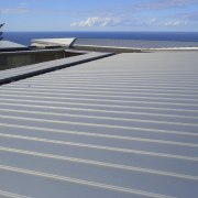 View of the roofing materials supplied by Architectural daylighting, fixed link, line, ocean, outdoor structure, roof, sea, sky, water, gray