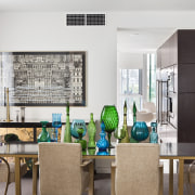 View of dining area featuring dining table and dining room, furniture, home, interior design, living room, room, table, white