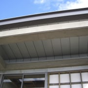 View of the roofing materials supplied by Architectural daylighting, facade, roof, siding, structure, window, gray, black