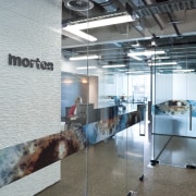 Interior view of office spaces within the hotel architecture, glass, interior design, gray