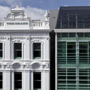Exterior view of the Drake Hotel which features architecture, building, city, classical architecture, commercial building, corporate headquarters, daytime, facade, landmark, metropolis, structure, window, gray, black