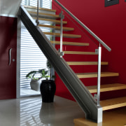 View of different coloured feature walls behind a architecture, baluster, floor, handrail, interior design, product design, stairs, structure, red
