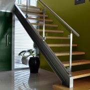 View of the stairway which features paint from baluster, floor, glass, handrail, home, interior design, product design, stairs, brown