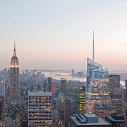 View of the Bank of America Tower in building, city, cityscape, dawn, daytime, downtown, dusk, evening, horizon, landmark, metropolis, metropolitan area, morning, sky, skyline, skyscraper, sunset, tower, tower block, urban area, white