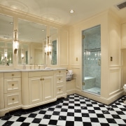 View of bathroom with checkerboard floor, white bathtub bathroom, cabinetry, countertop, cuisine classique, estate, floor, flooring, home, interior design, kitchen, property, real estate, room, window, orange