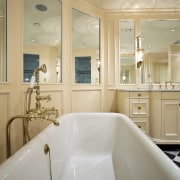 View of bathroom with checkerboard floor, white bathtub bathroom, bathtub, ceiling, estate, floor, home, interior design, real estate, room, sink, gray, orange