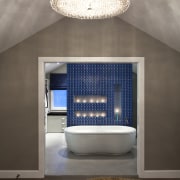 View of contemporary bedroom with ensuite featuring blue ceiling, daylighting, interior design, light fixture, lighting, gray, brown